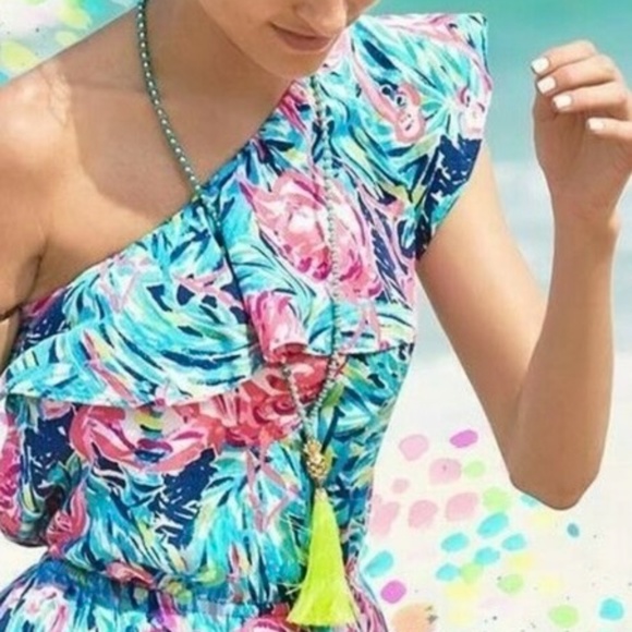 Lilly Pulitzer Pink and Blue One-Shoulder Romper - Picture 4 of 10